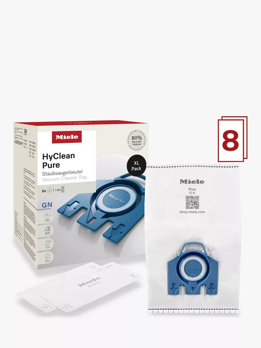 Miele HyClean Pure GN Dust Bag XL Pack (8 Dust Bags + 4 Filters) For Compact Vacuum Cleaners - 43256993710303 