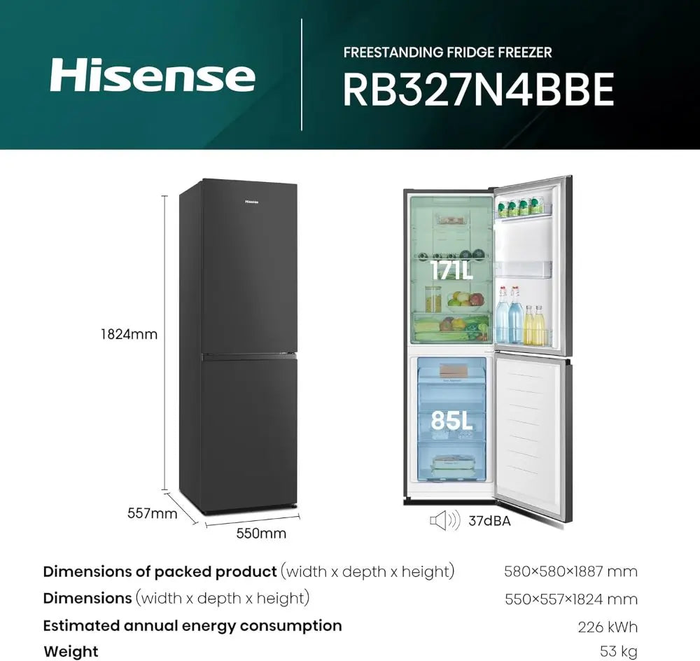 Hisense RB327N4BBE 55cm 50/50 Frost Free Fridge Freezer, Black - 72524272796021 