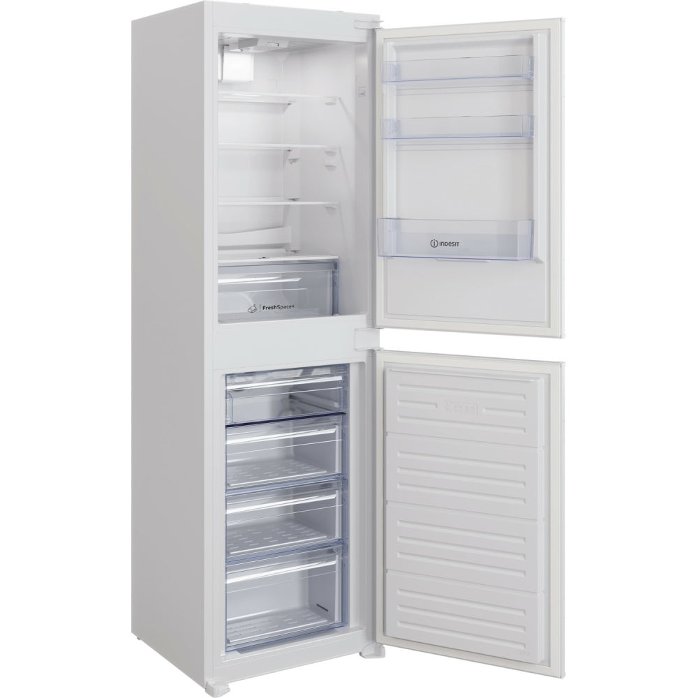 Indesit IBC185050F2 No Frost Integrated Fridge Freezer, Sliding Hinge, 50/50, White, E Rated