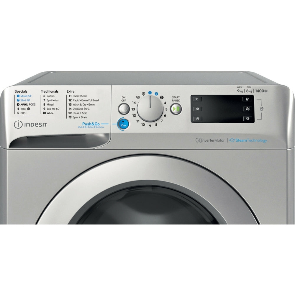 Indesit BDE96436SV Washer Dryer, Wash 9kg Dry 6kg, 1400 Spin, Silver, D Rated - 43641193988319 