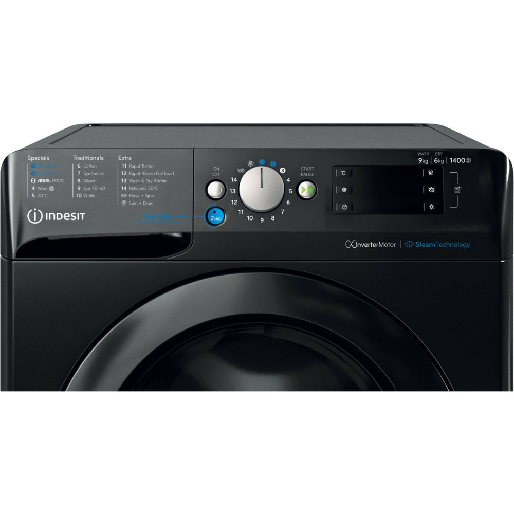 Indesit BDE96436KV Washer Dryer, Wash 9kg/Dry 6kg, 1400 Spin, Black, D Rated - 43641193398495 