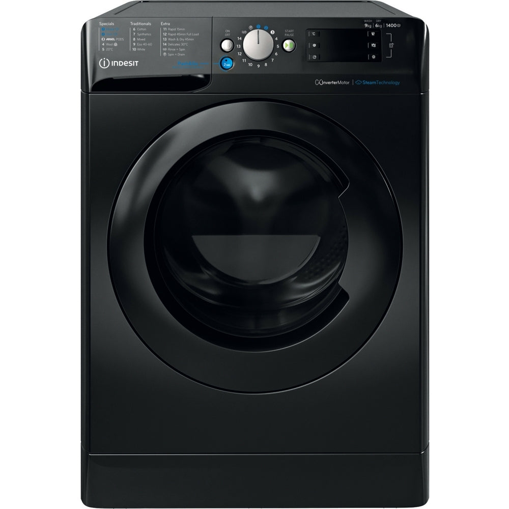 Indesit BDE96436KV Washer Dryer, Wash 9kg/Dry 6kg, 1400 Spin, Black, D Rated - 43641193496799 