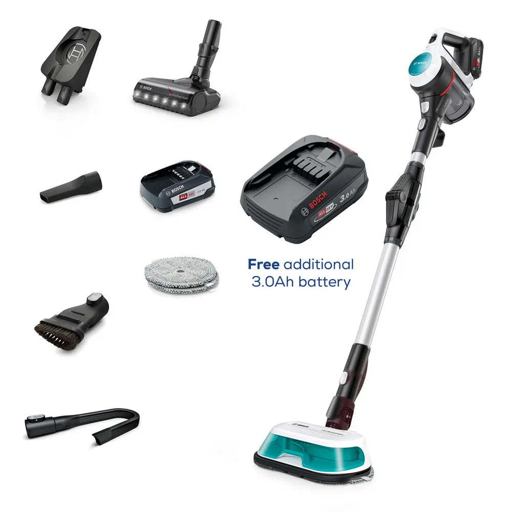 Bosch BCS71HYGGB Aqua Vacuum & Mop With 40 Minutes Run Time And Additional Battery, White - 71829879161205 