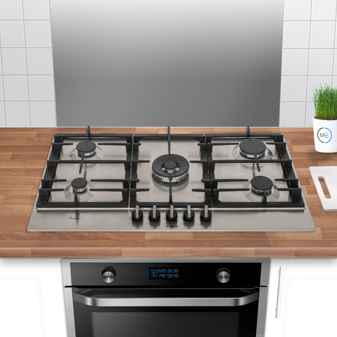 Bosch PCR9A5B90 90cm 5 Burner Gas Hob, Stainless Steel