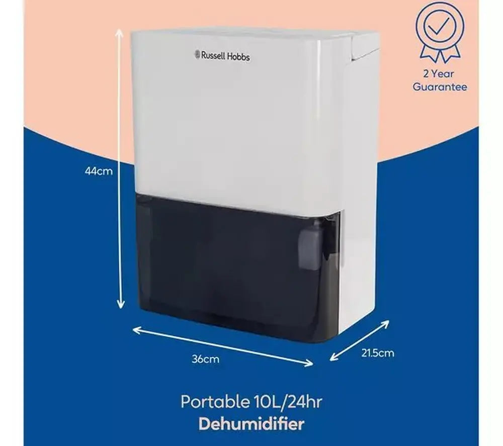 Russell Hobbs RHDH1001 10 Litre Dehumidifier With 2 Litre Water Tank, White - 43939297657055 