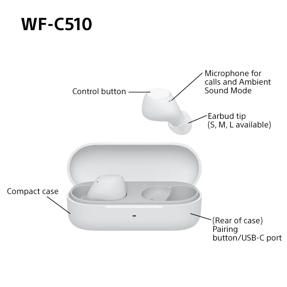 Sony WFC510W True Wireless Bluetooth In-Ear Headphones, White - 43624759132383 