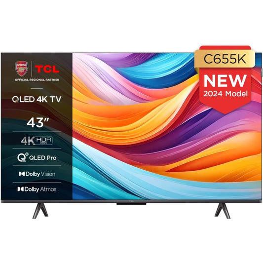 TCL 43C655K 43" QLED 4K Ultra HD Smart TV, Grey, F Rated | Atlantic Electrics