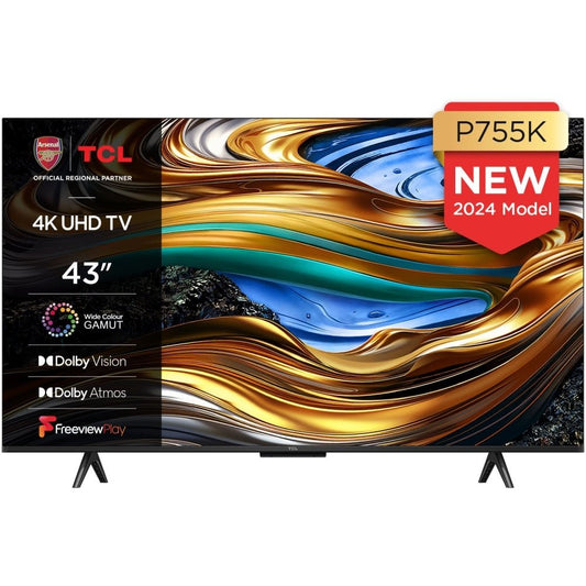 TCL 43P755K 43" LED 4K Ultra HD Smart TV, Grey, F Rated | Atlantic Electrics