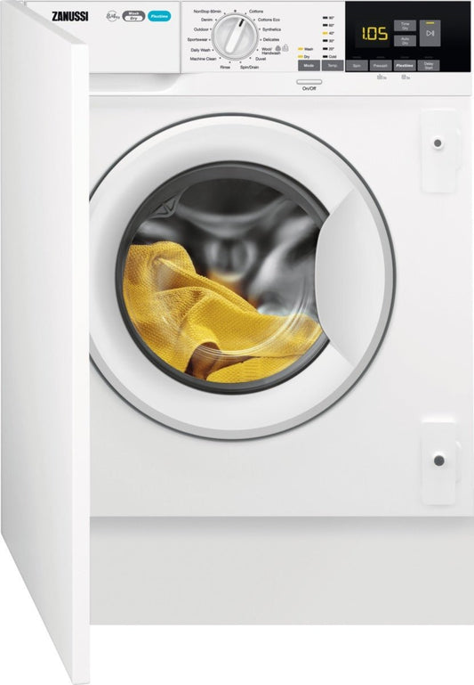 Zanussi Z816WT85BI Integrated Washer Dryer, 8kg, 1600 Spin, White | Atlantic Electrics