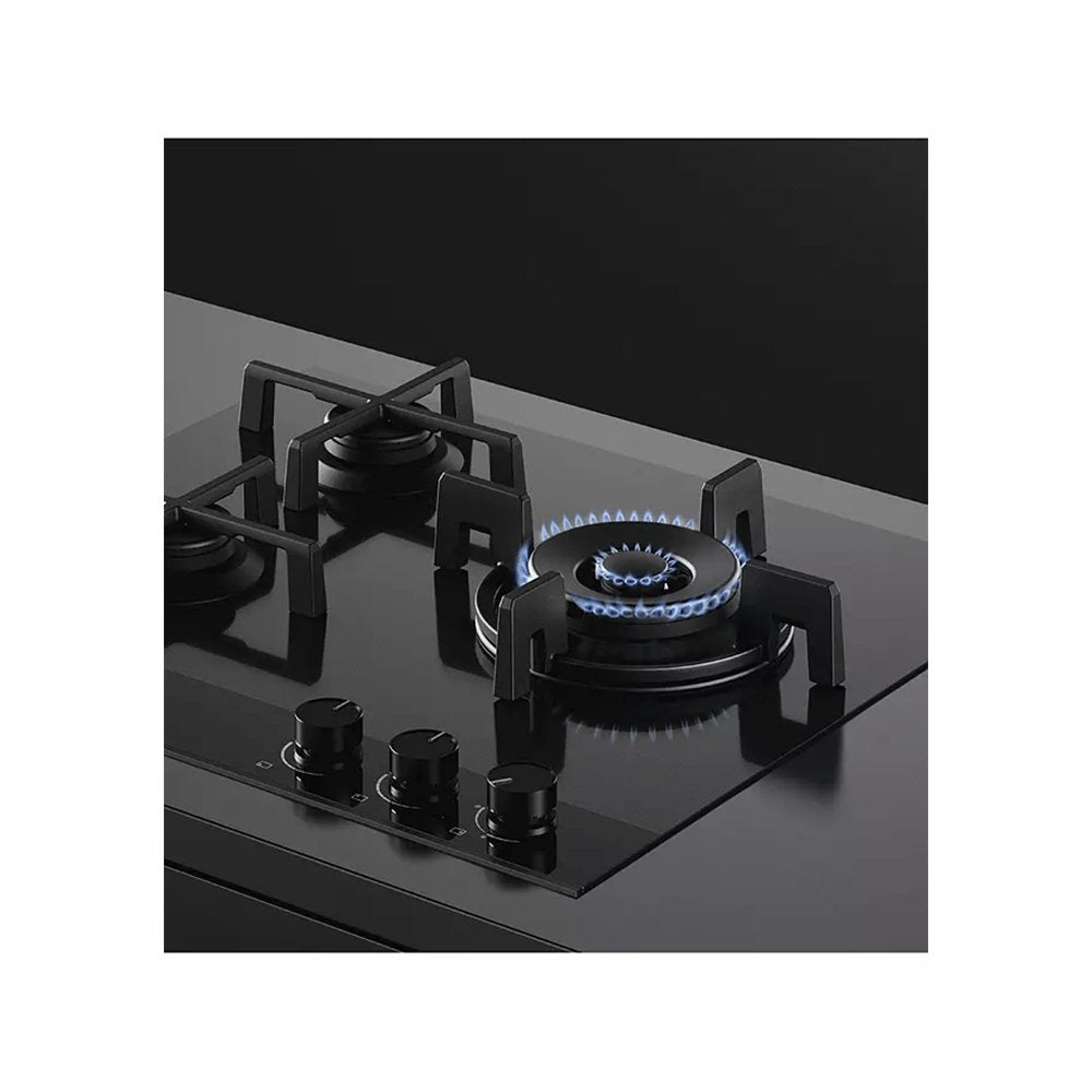 Fisher & Paykel CG603DNGGB4 Gas on Glass Hob, 3 Burners Two Dual Wok Burners, 60cm Wide- Black Glass | Atlantic Electrics