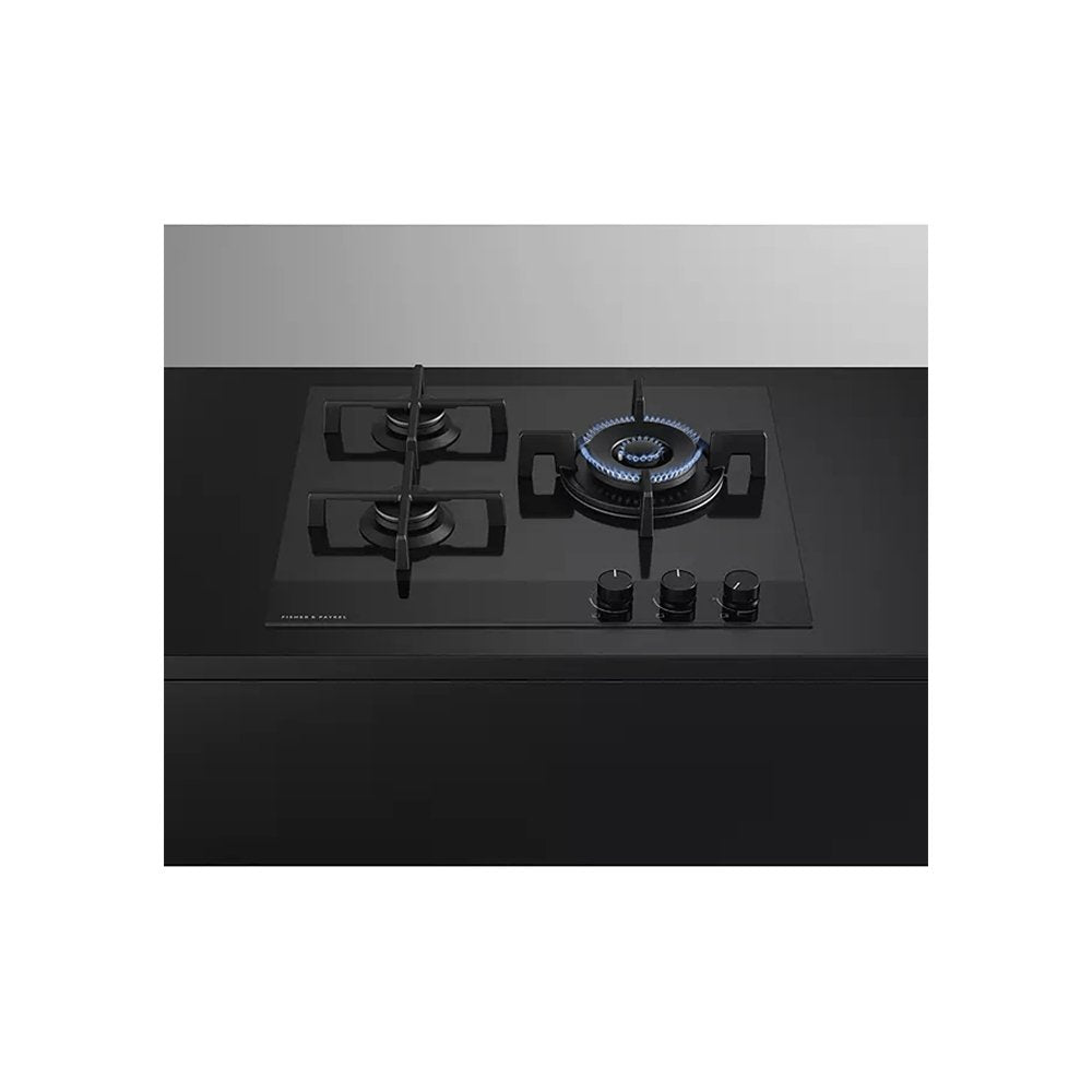 Fisher & Paykel CG603DNGGB4 Gas on Glass Hob, 3 Burners Two Dual Wok Burners, 60cm Wide- Black Glass | Atlantic Electrics