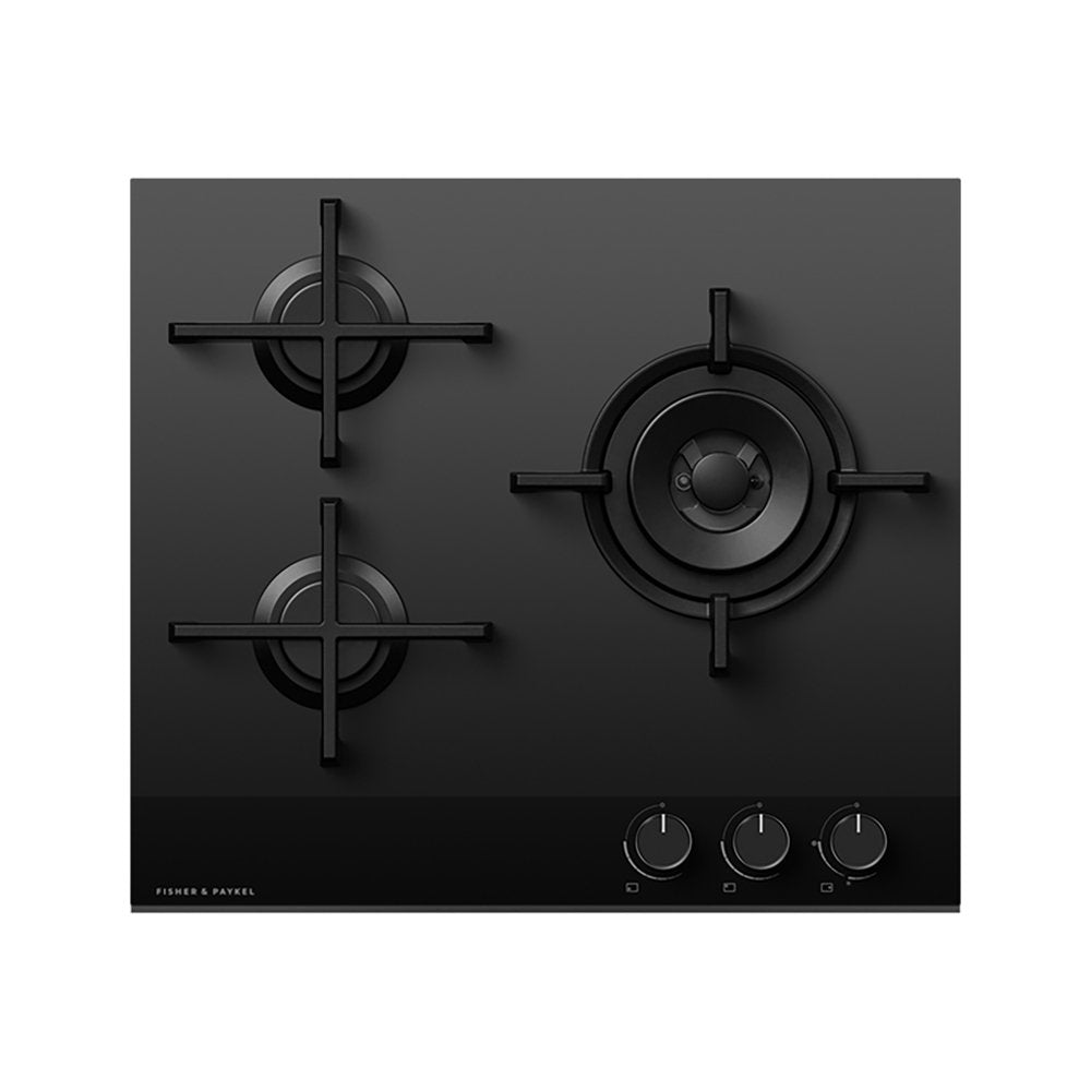 Fisher & Paykel CG603DNGGB4 Gas on Glass Hob, 3 Burners Two Dual Wok Burners, 60cm Wide- Black Glass | Atlantic Electrics