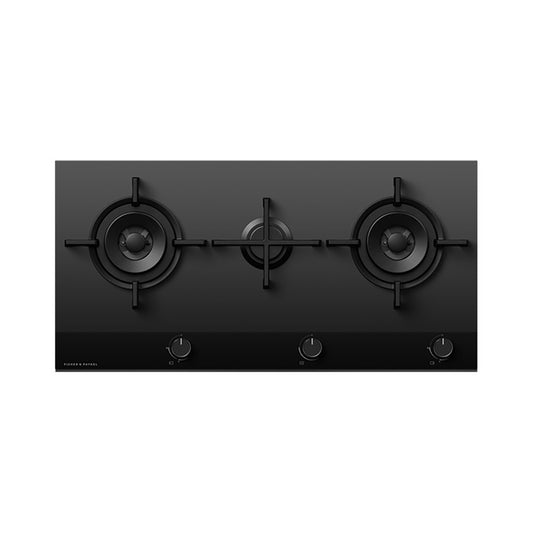 Fisher + Paykel CG903DLPGB4 90cm Wide Gas on Glass Hob, 3 Burner, LPG - Black Glass | Atlantic Electrics