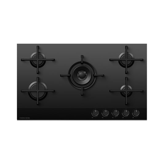 Fisher + Paykel CG905DLPGB4 90cm Wide Gas on Glass Hob, 5 Burner, LPG - Black Glass | Atlantic Electrics