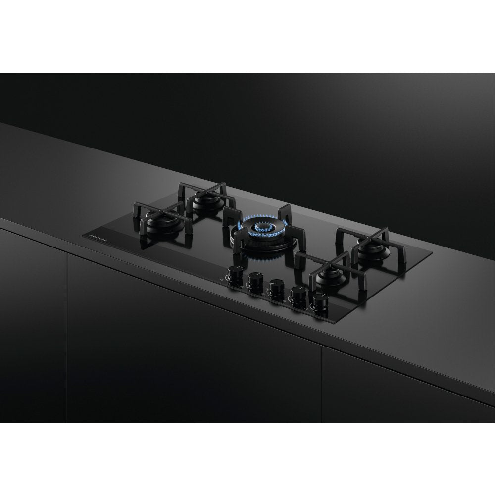 Fisher + Paykel CG905DNGGB4 90cm Wide Gas on Glass Hob, 5 Burners - Black Glass | Atlantic Electrics - 40721078157535 