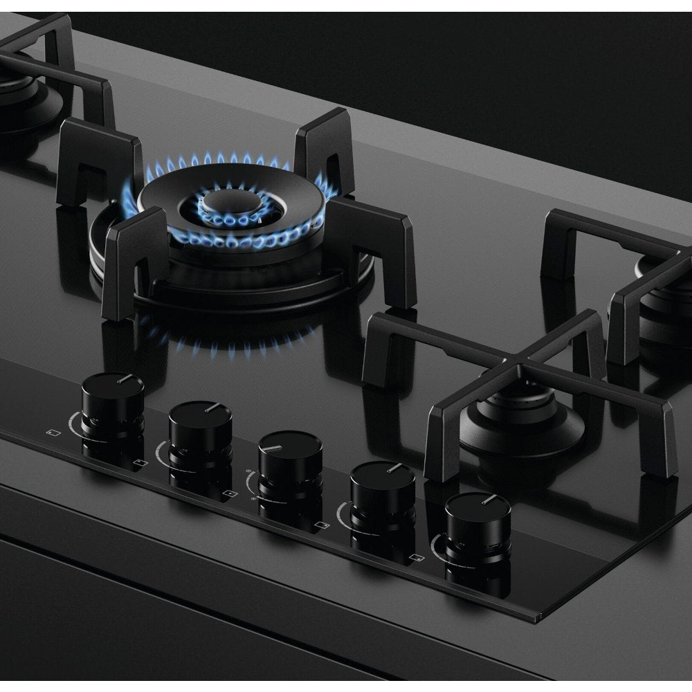 Fisher + Paykel CG905DNGGB4 90cm Wide Gas on Glass Hob, 5 Burners - Black Glass | Atlantic Electrics - 40721078190303 