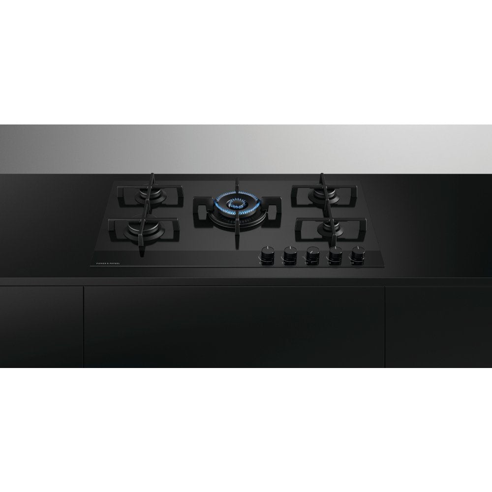 Fisher + Paykel CG905DNGGB4 90cm Wide Gas on Glass Hob, 5 Burners - Black Glass | Atlantic Electrics - 40721078124767 