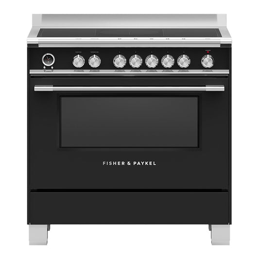 Fisher + Paykel OR90SCI6B1 140 Litre Freestanding Range Cooker, Induction, 5 Zones with SmartZone, Self-Cleaning, 89.7cm Wide - Black | Atlantic Electrics