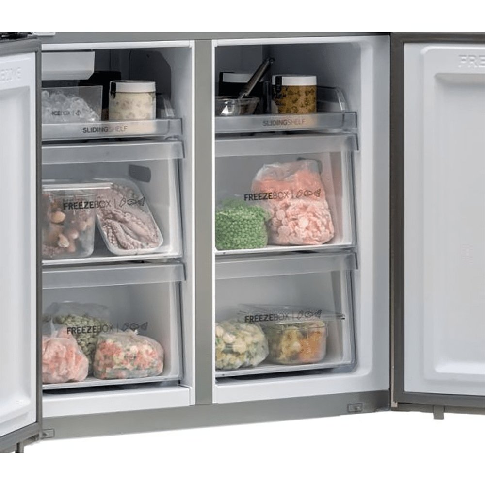 Haier HTF520IP7 90.8cm Wide American Style Freestanding Fridge Freezer, Frost Free- Platinum Inox | Atlantic Electrics - 39477871476959 