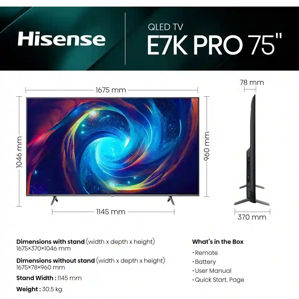 Hisense E7 Pro Series 75E7KQTUK PRO 75" 4K Ultra HD QLED Smart TV - Grey | Atlantic Electrics - 40452162617567 