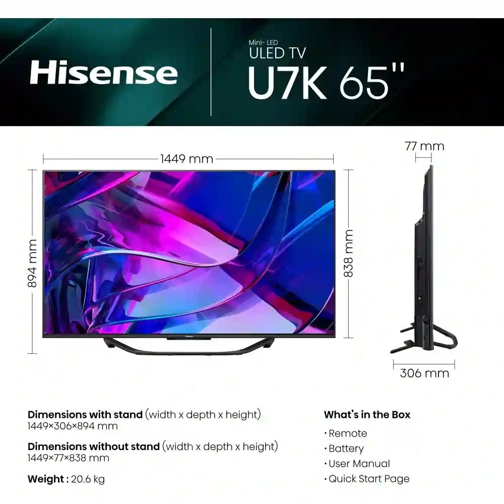 Hisense U7 Series 65U7KQTUK 65" Mini LED 4K Ultra HD Mini-LED Smart TV - Grey | Atlantic Electrics