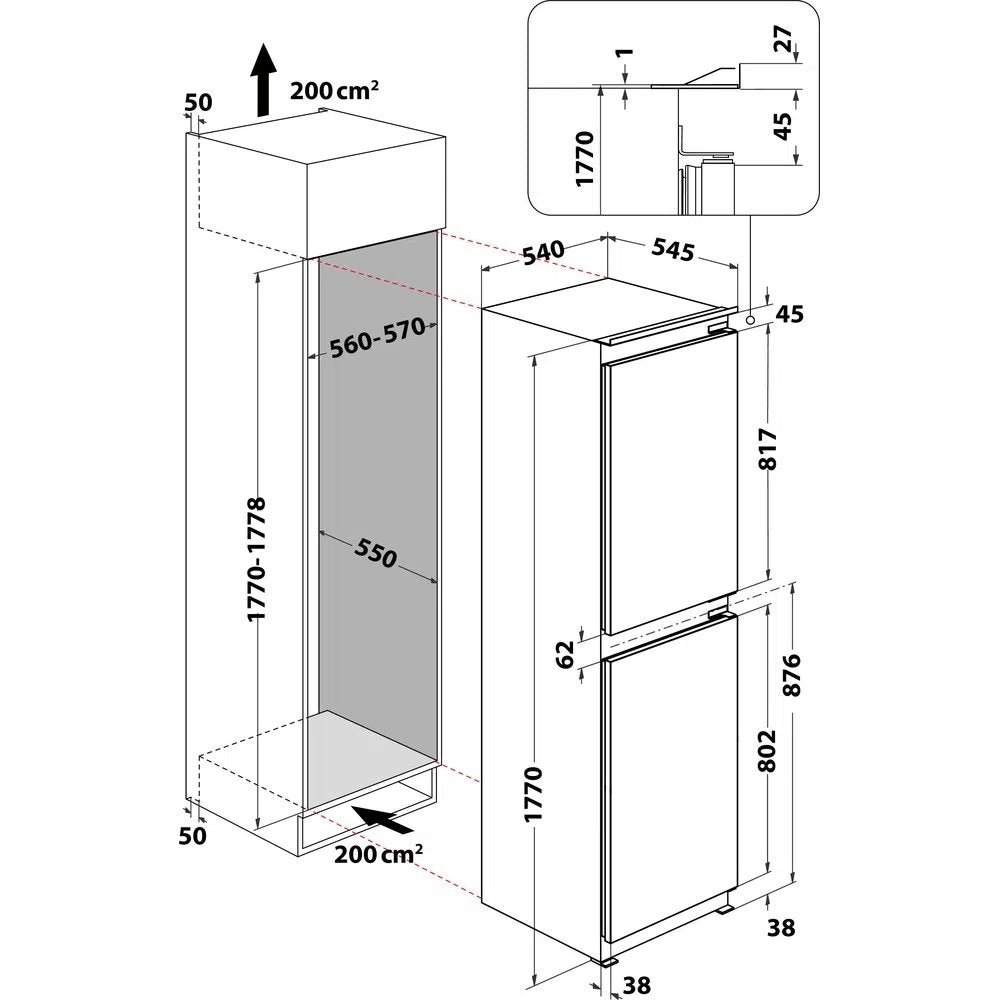 Hotpoint HBC185050F1 230 Litre Built-In 50/50 Split Fridge Freezer, Frost Free - 54cm Wide | Atlantic Electrics - 39478010347743 