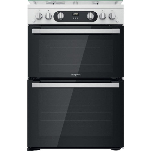 Hotpoint HD67G02CCW 60cm Gas Cooker in White Twin Cavity Oven Gas Hob | Atlantic Electrics