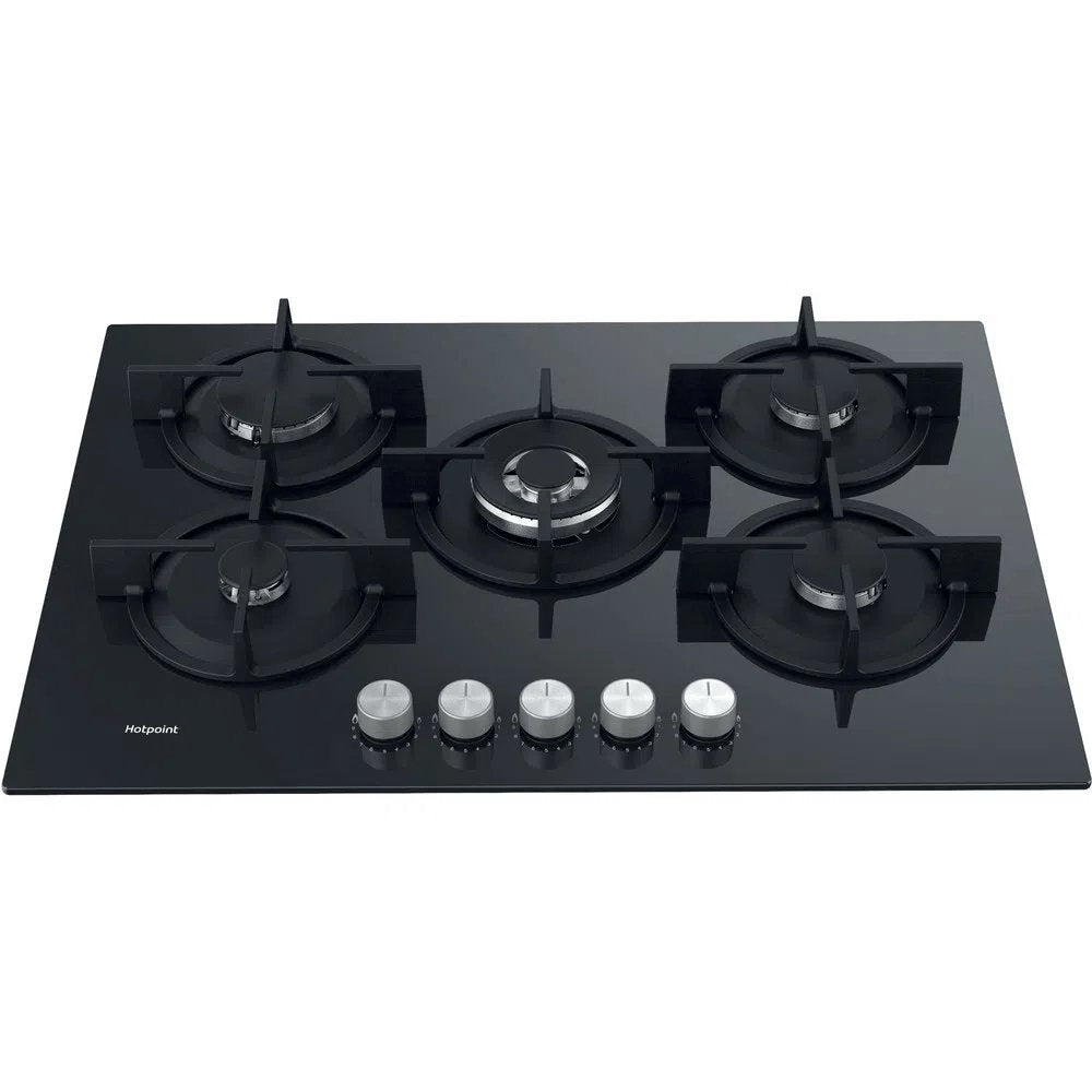 Hotpoint HGS72SBK 73cm Wide Gas Hob, 5 Gas Burners, with Cast Iron Pan Supports - Black | Atlantic Electrics - 39478010085599 