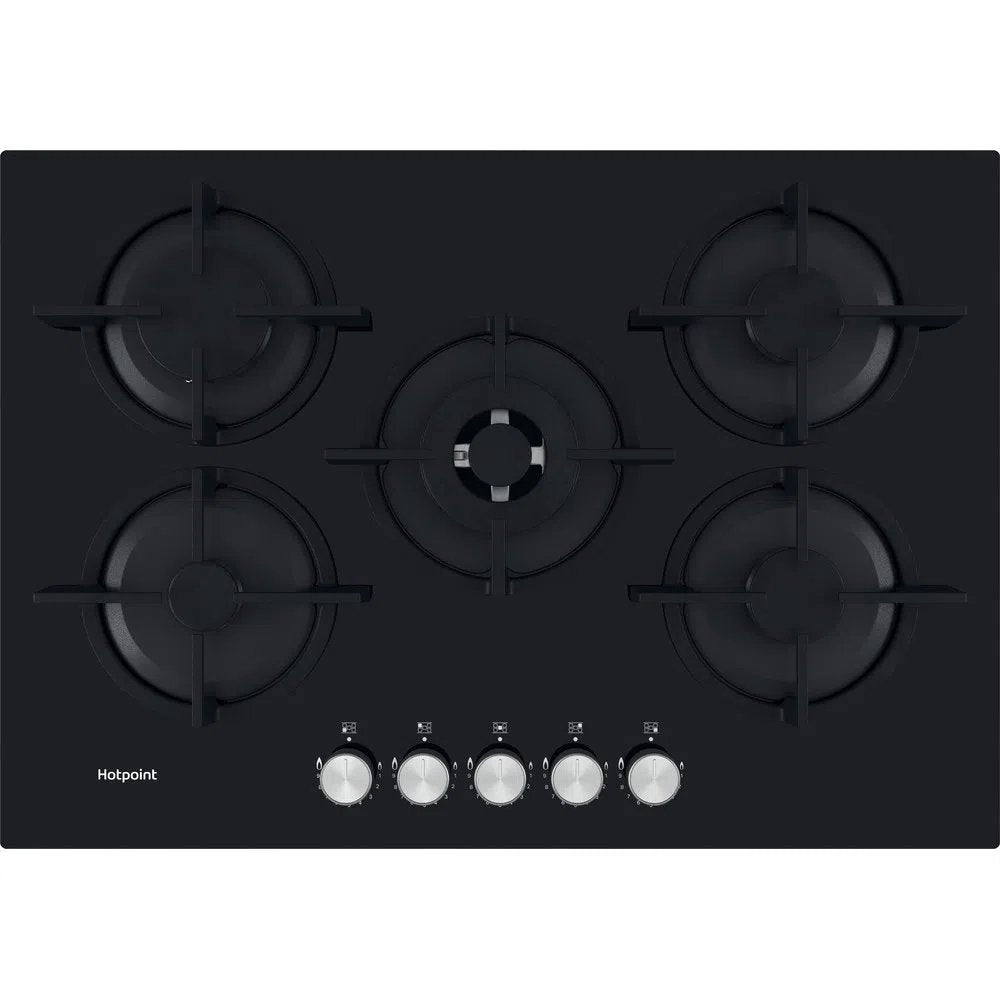 Hotpoint HGS72SBK 73cm Wide Gas Hob, 5 Gas Burners, with Cast Iron Pan Supports - Black | Atlantic Electrics - 39478010052831 