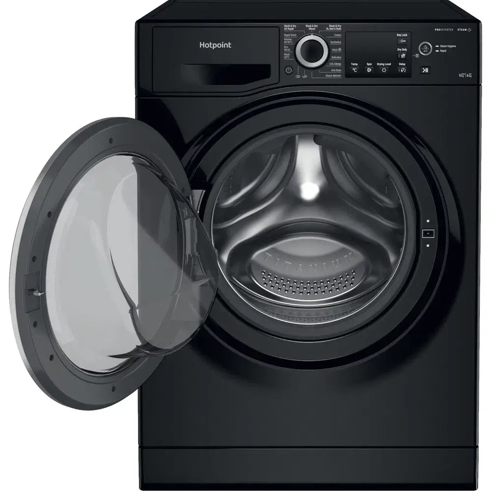 Hotpoint NDB9635BSUK 9+6KG Freestanding Washer Dryer, 1400 rpm Spin Speed, 59.5cm Wide - Black | Atlantic Electrics - 40157510009055 