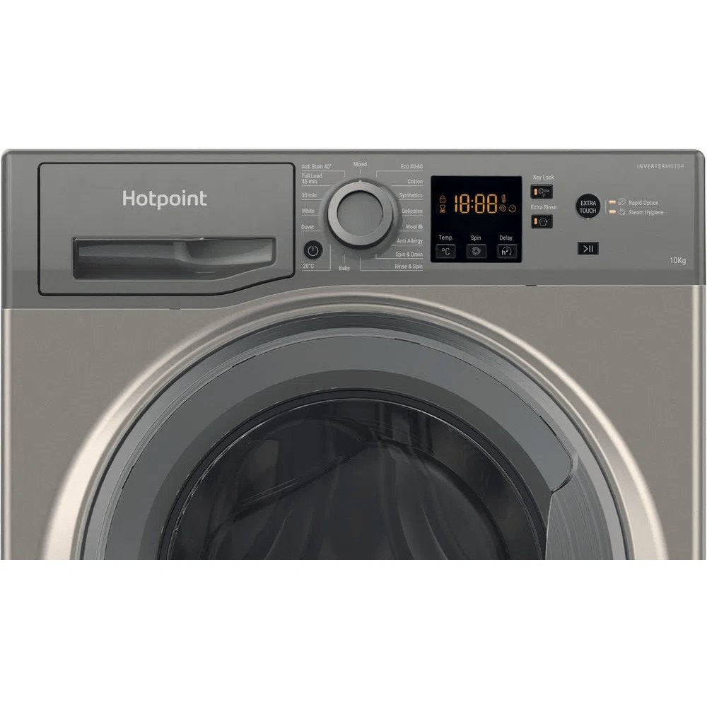 Hotpoint NSWM1045CGGUKN 10Kg Freestanding Washing Machine, 1400 rpm, 59.5cm Wide - Graphite | Atlantic Electrics - 39478030074079 