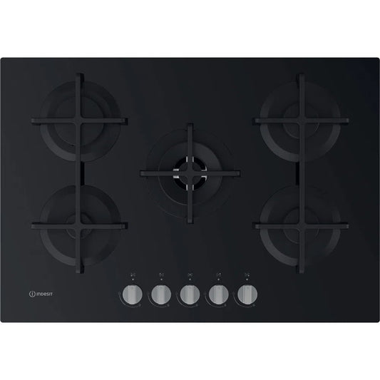 Indesit ING72TBK 73.0cm Wide Gas Hob, 5 Gas Burners, With Cast Iron Pan Supports - Black | Atlantic Electrics