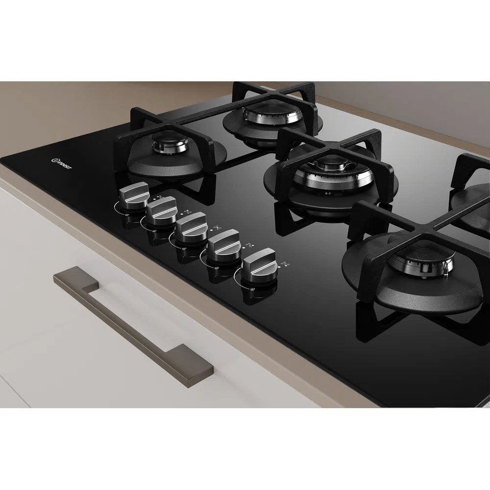 Indesit ING72TBK 73.0cm Wide Gas Hob, 5 Gas Burners, With Cast Iron Pan Supports - Black | Atlantic Electrics