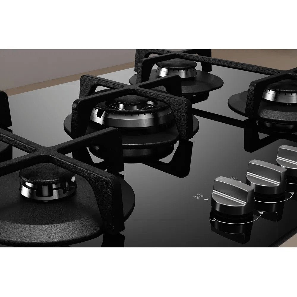 Indesit ING72TBK 73.0cm Wide Gas Hob, 5 Gas Burners, With Cast Iron Pan Supports - Black | Atlantic Electrics