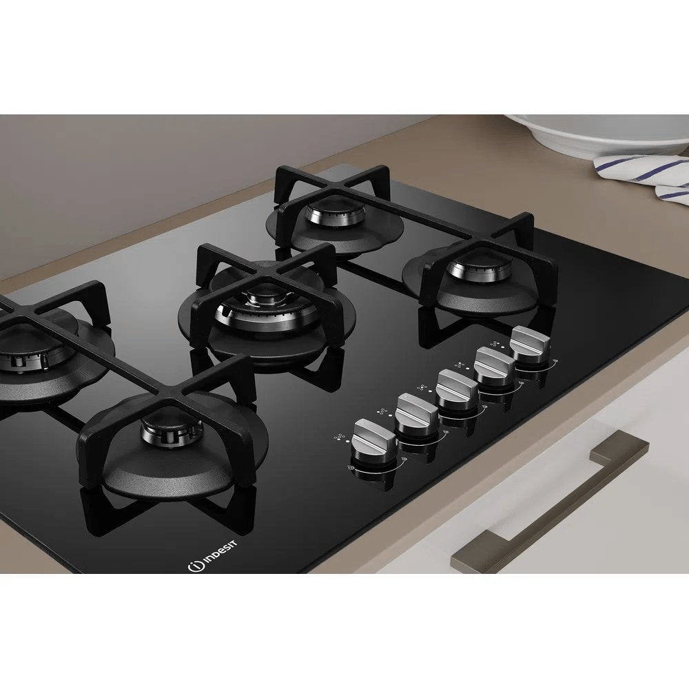 Indesit ING72TBK 73.0cm Wide Gas Hob, 5 Gas Burners, With Cast Iron Pan Supports - Black | Atlantic Electrics - 39478099050719 