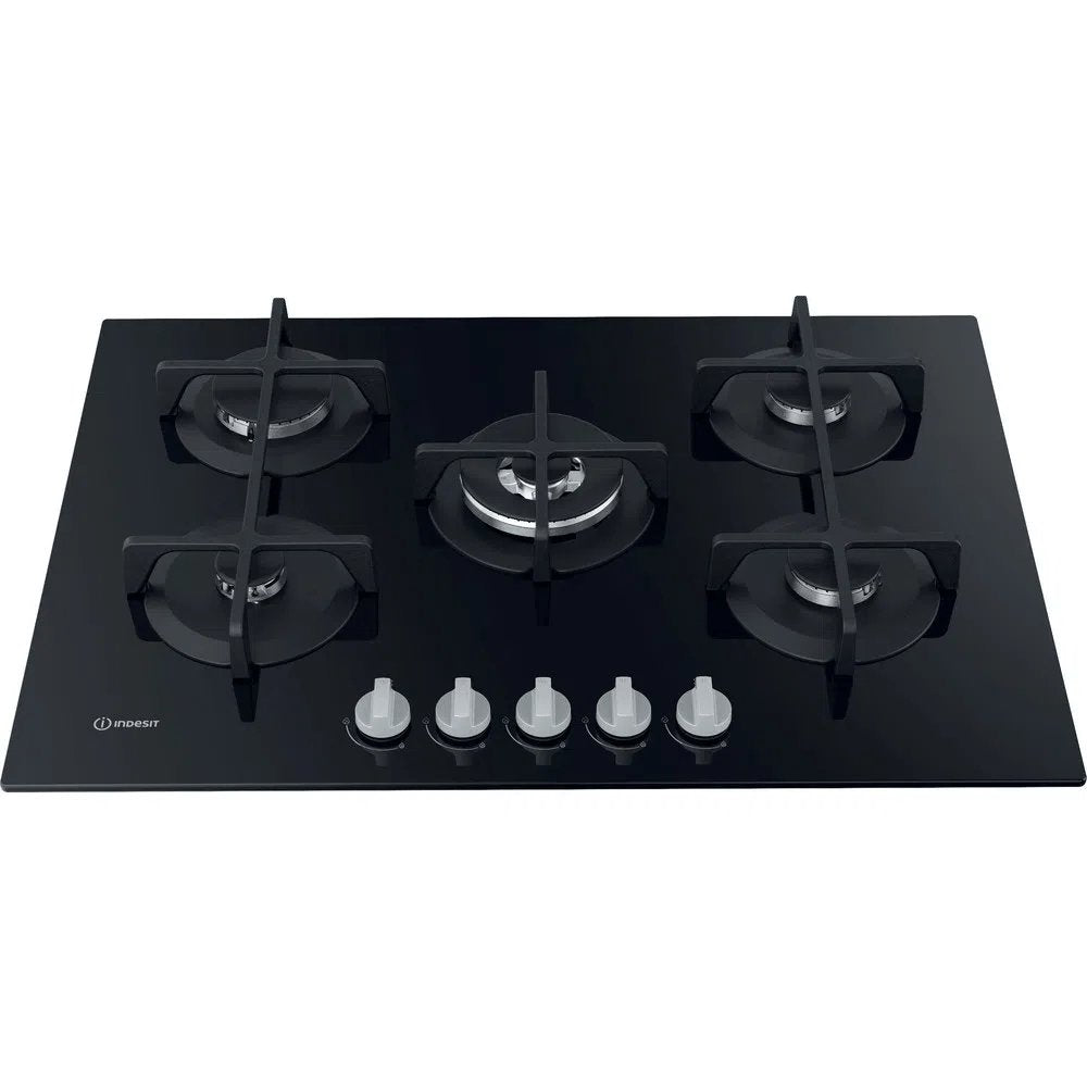 Indesit ING72TBK 73.0cm Wide Gas Hob, 5 Gas Burners, With Cast Iron Pan Supports - Black | Atlantic Electrics