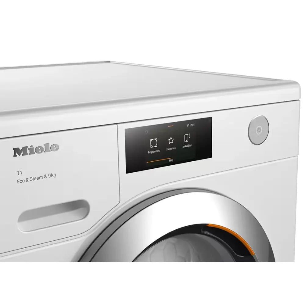 Miele TCR780WP T1 9Kg Heat Pump Dryer, Miele@home, SteamFinish & EcoDry, 59.6cm Wide - Lotus White | Atlantic Electrics