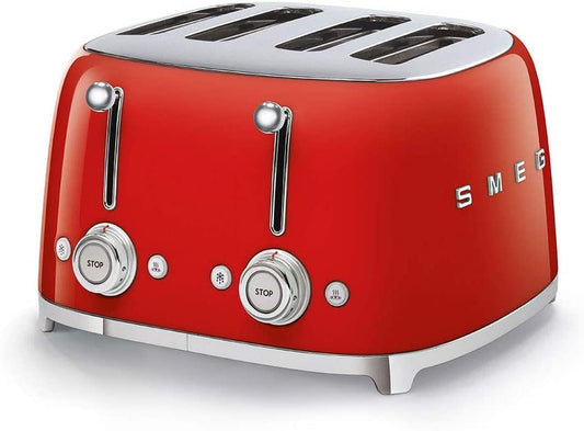 Smeg TSF03RDUK Retro 4 Slice Toaster, 4 Extra-Wide Slots, 6 Browning Levels, Automatic Pop-Up, Removable Crumb Trays, Reheat and Defrost Buttons, Anti Slip Feet, 2000 W, Red | Atlantic Electrics