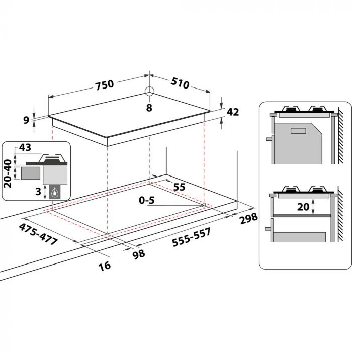 Whirlpool PMW75D2IXL 75cm Gas Hob - Stainless Steel | Atlantic Electrics - 40776483537119 