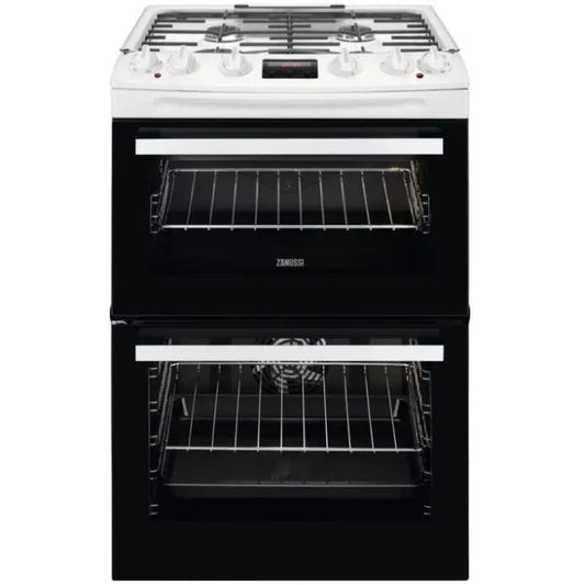 Zanussi ZCK66350WA Dual Fuel Double Oven Cooker with Gas Hob - White | Atlantic Electrics
