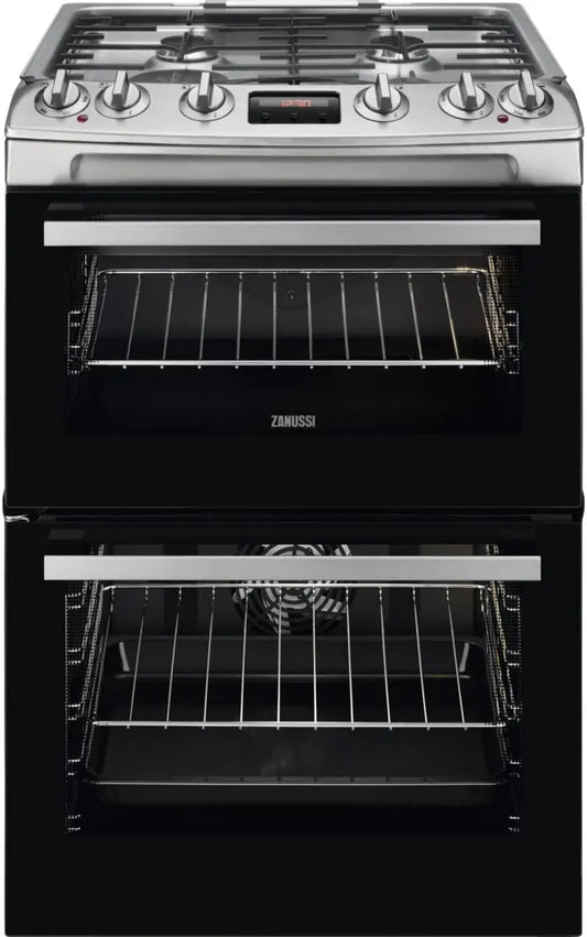 Zanussi ZCK66350XA Dual Fuel Double Oven Cooker with Gas Hob - Stainless Steel | Atlantic Electrics