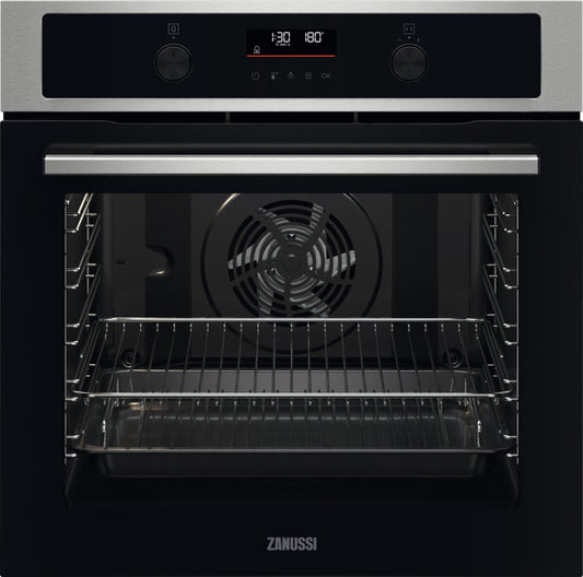 Zanussi ZOPND7XN Built In Electric Single Oven with Pyrolytic Cleaning - Stainless Steel / Black | Atlantic Electrics